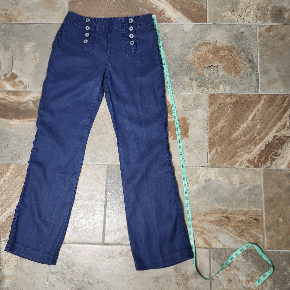 Stylish Navy Blue Linen Sailor Button-Front Wide-leg Pants By Cynthia Rowley